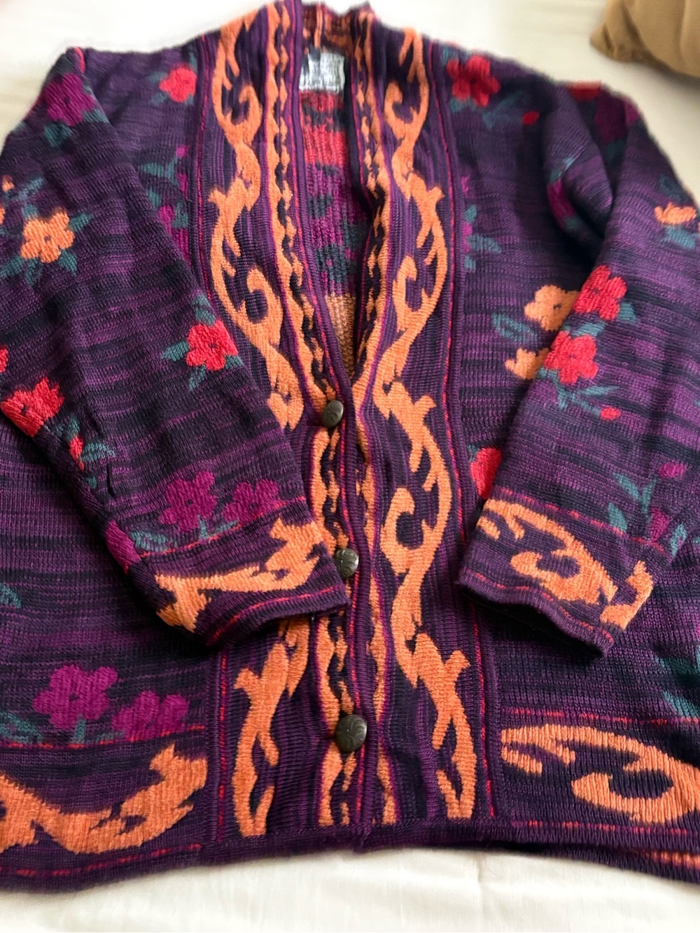 Vtg Carole Little cardigan sweater women’s L black floral knit 80/90s BoHo artsy - Picture 9 of 10